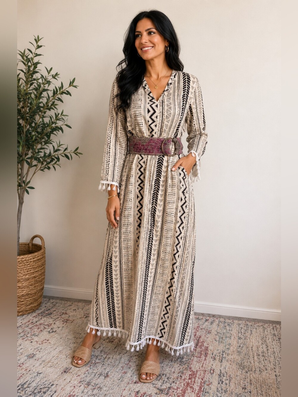 5/25$ Bohemian Black and White Patterned Moosta Maxi Fringe Dress